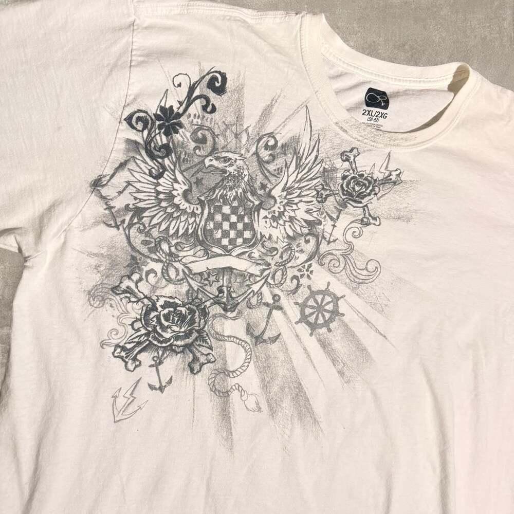 Y2K Vintage Ocean Pacific Graphic Tee, Tattoo Crest, Size 2XL — Grunge Streetwea